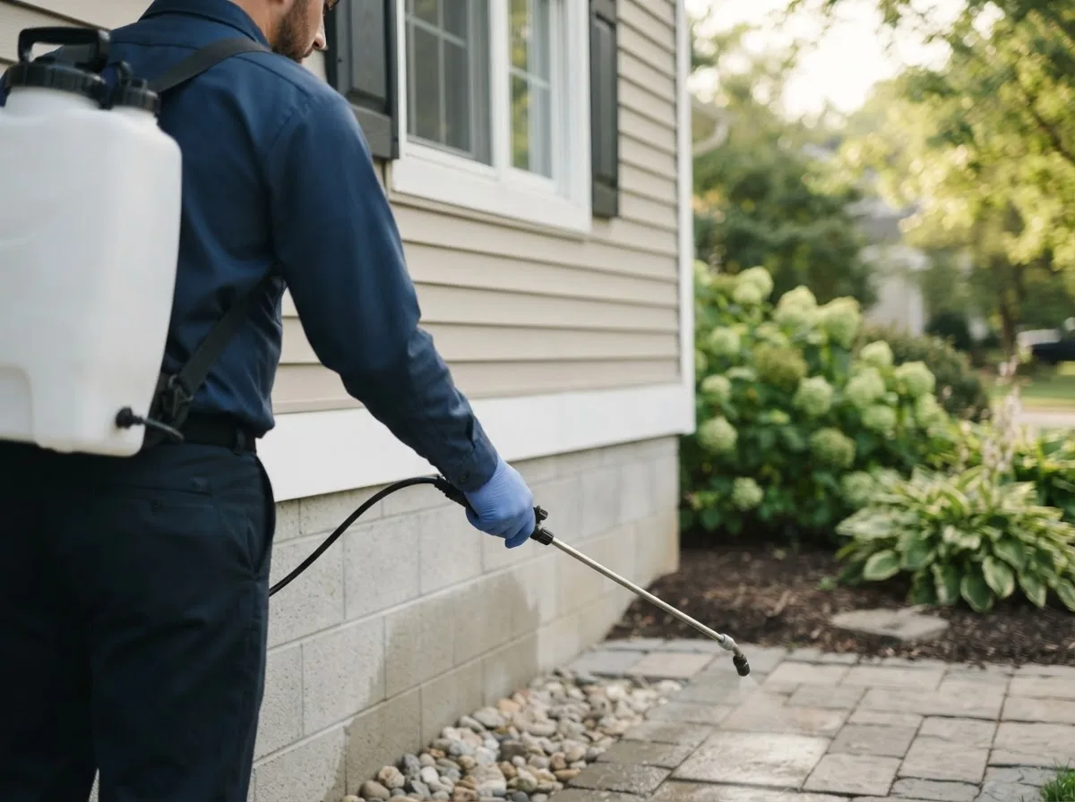 Pest control technician inspecting a home in Chadwicks, NY
